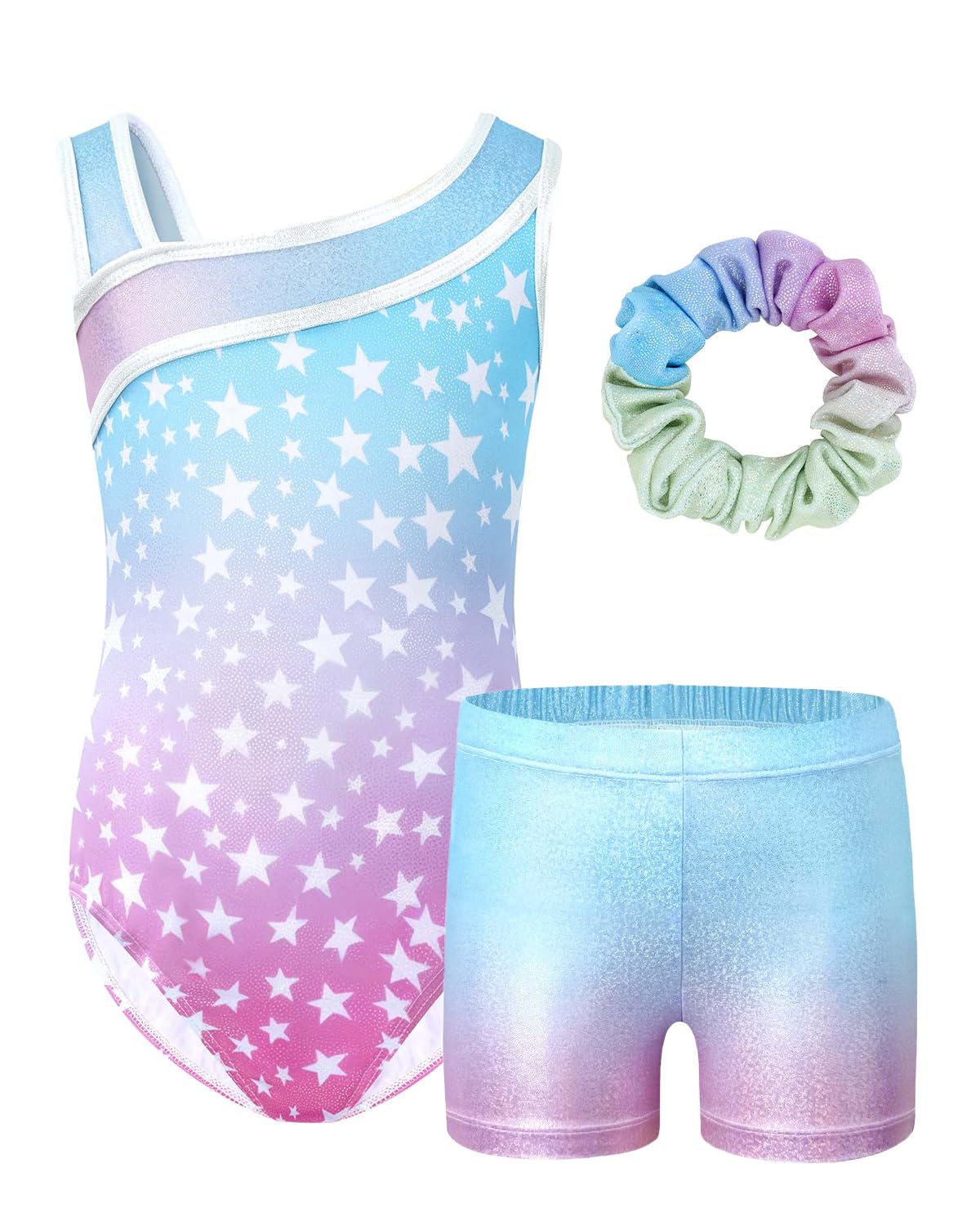 JiAmy Girls Gymnastics Leotards, Glitter Ballet Dance Unitards Biketards Activewear with Short & Hairband for Kids 5-7 Years