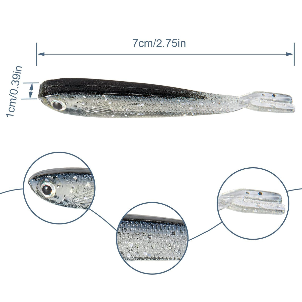 Syosisny 50 PCS Plastic Soft Fishing Lure, Lifelike Forked Tail Minnow, Fishing Baits Tackle for Saltwater and Freshwater Bass, Crappie, Walleye, or Trout Lures