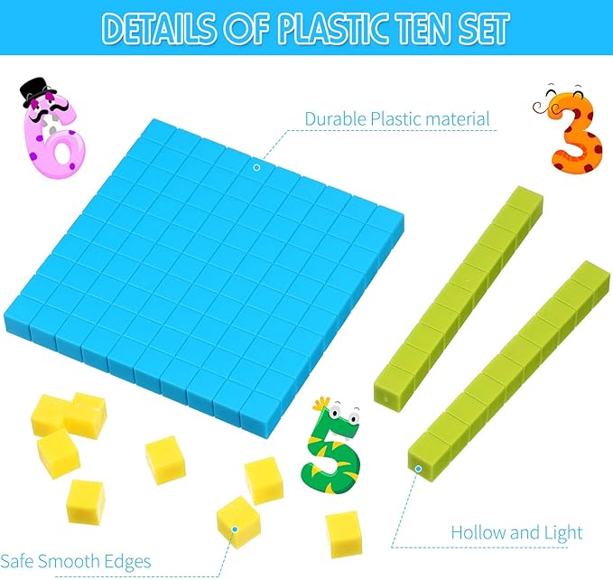 Sumind 121 Pieces Base Ten Blocks 3 Color Plastic Base Number Concepts and Counting Units Tens and Ones Blocks Kids Educational Cubes Math Learning Tools for Teachers Kindergarten 1st 2nd 3rd Grade