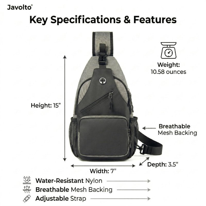 Javolto Sling Bag Cross Body Backpack Chest Bag Travel Hiking Daypack (Black Grey)