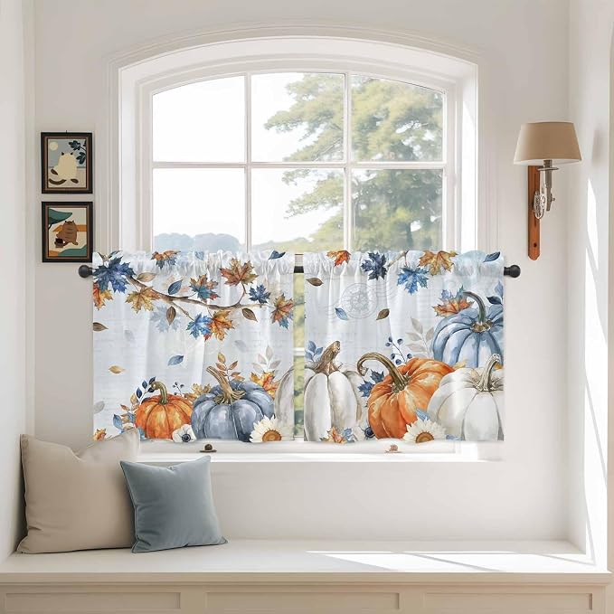 Fall Blue Maple Kitchen Tier Curtains 24 Inch Long 2 Panel Set, Rod Pocket Cafe