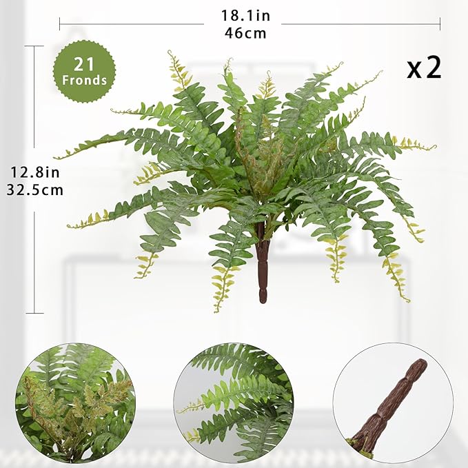 Ferns Artificial Plants 2pcs Faux Ferns for Outdoor Planter Large Fake Ferns Look Real Artificial Ferns with 42 Fronds Hanging Boston Fern Fake Plant Shrubs for Home Farmhouse Garden Porch Decor