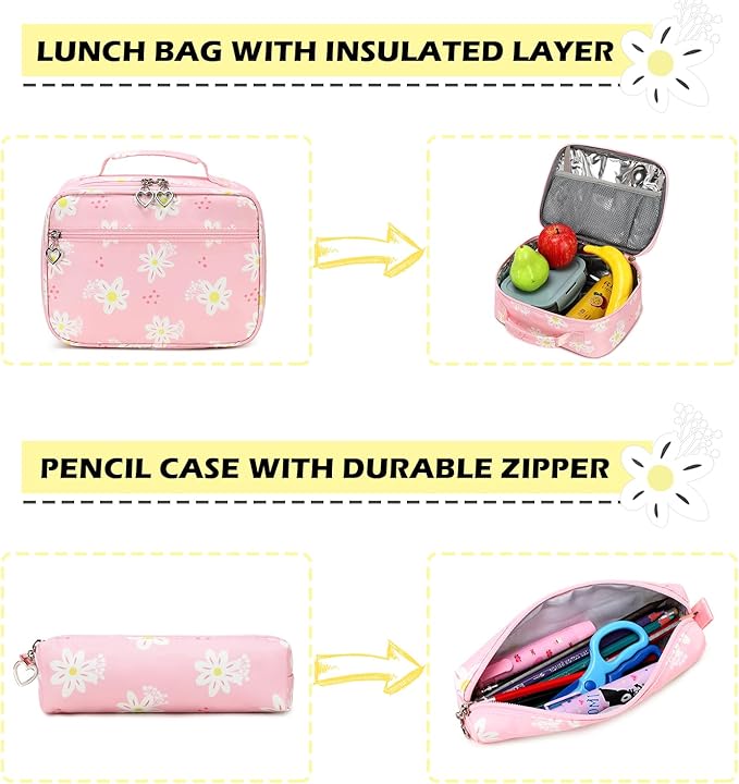 Girls Backpack with Lunch Box for Elementary Middle School,17 inch Pink Lightweight Kids School Backpack with Lunch Bag Set for Teen Girls