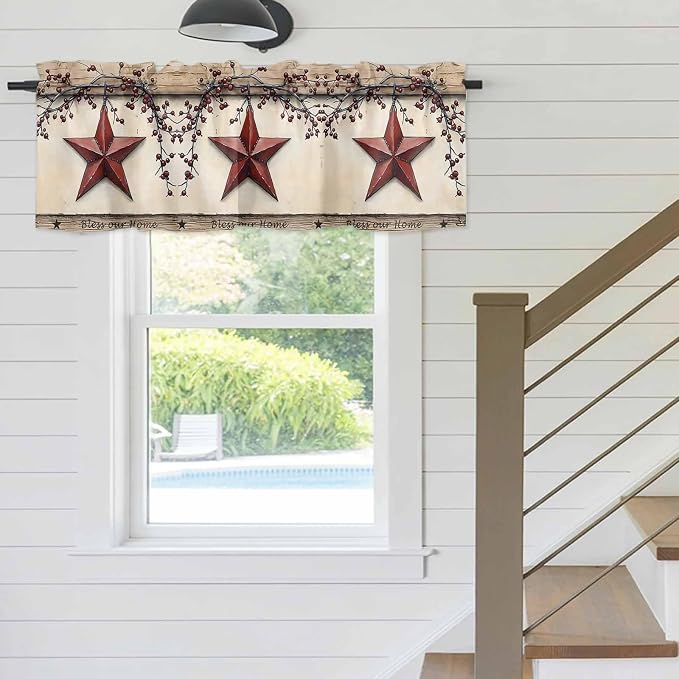 Farmhouse American Valances for Windows, Country Star Berries Vintage Wood