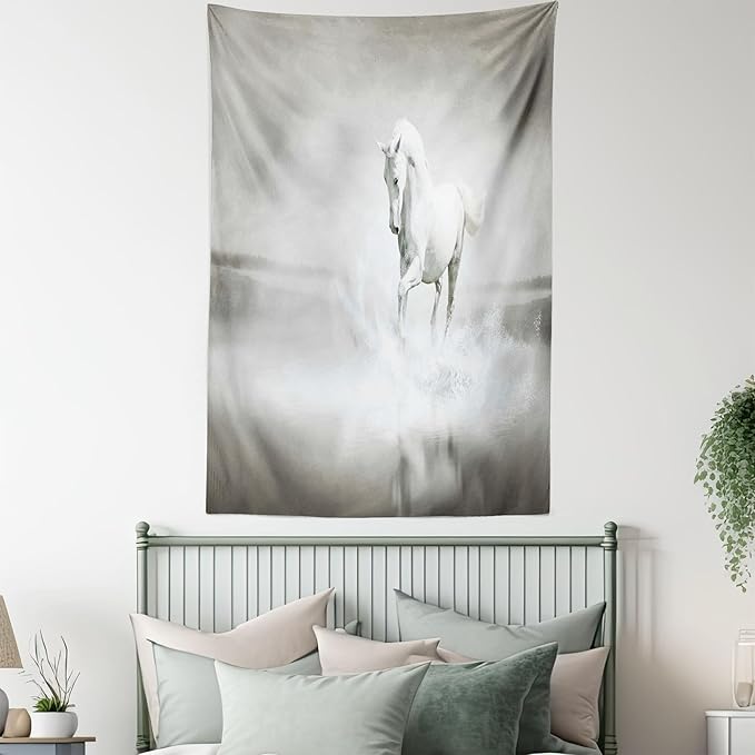 Ambesonne Horses Tapestry Twin Size, Wild Horse Running Through Water Dramatic for the Motivation of Life Art, Wall Hanging Bedspread Bed Cover Wall Decor, 68" X 88", Black and White