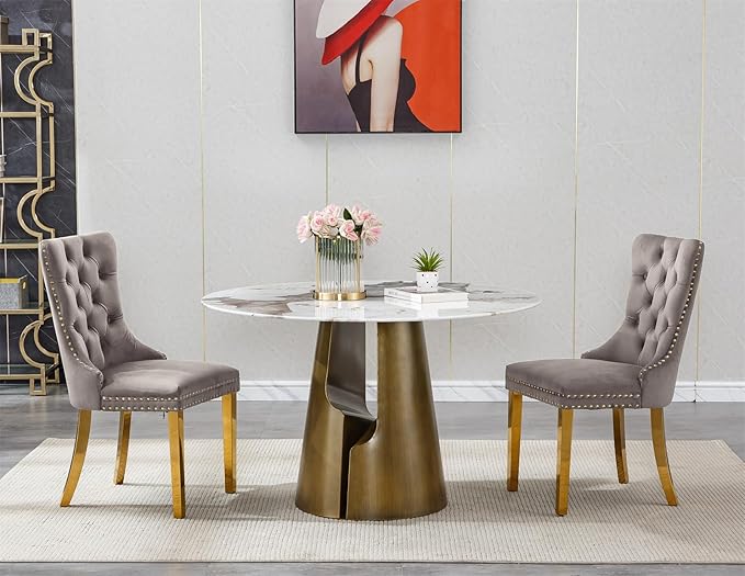 Round Faux Marble Dining Table Set for 4, Modern Luxury Kitchen Table for 4-6, Circle Dining Tables with Pandora Marble Grain Top and Bronze Carbon Steel Pedestal Base (1 Table Only)