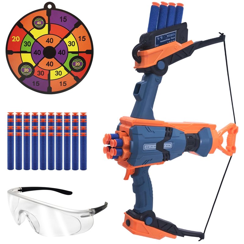 Toy Bow and Arrow for Nerf Gun Bullets, 6-Dart Rotating Drum, Easy to Use, Durable ABS Construction, Includes Bow, 40 Darts, Target Board, Goggle for 14+ Age