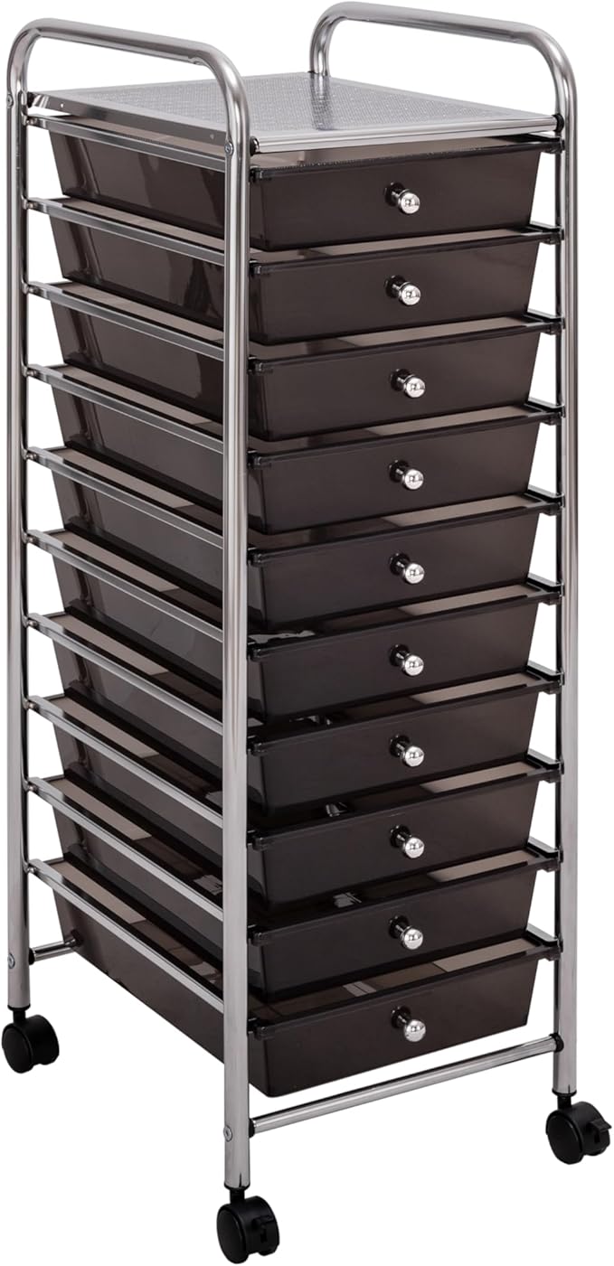 Seville Classics Rolling Utility Organizer Storage Cart, for Home Office, School, Classroom, Scrapbook, Hobby, Craft, 10 Drawer, Black