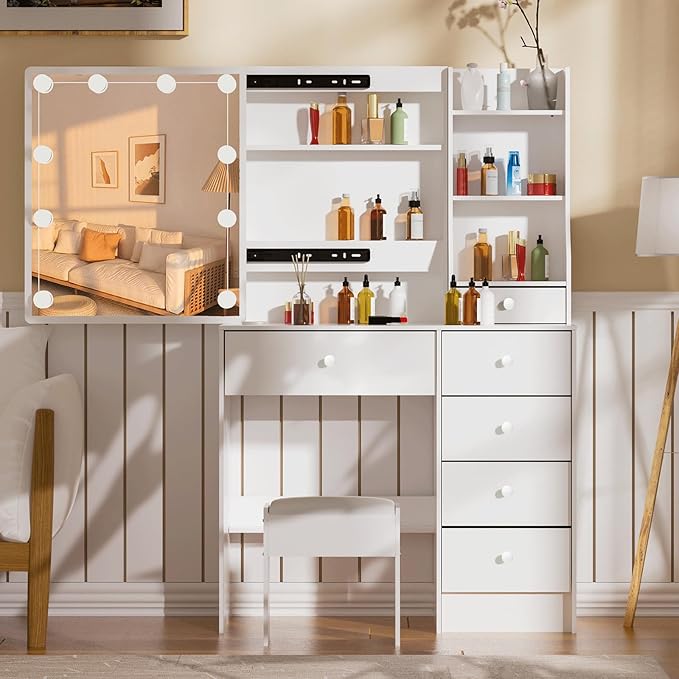 Vanity Desk with Mirror, 10 Lights, Makeup Table with 5 Drawers 6 Shelves, 3 Color Modes, Vanity Set with Chair for Bedroom, White