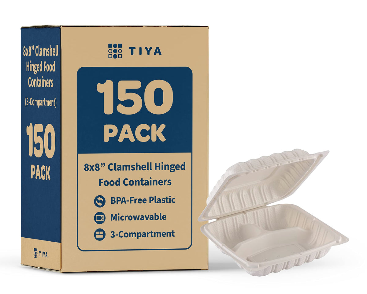 TIYA Clamshell Food Containers - White Bulk 200 Pack, 9x6 in - BPA-Free Mineral-Filled To-Go Containers - Reusable, Microwavable, Hinged, Tall Takeout Clamshells - Great for Meal Prep
