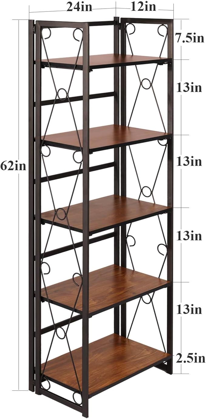 VECELO Folding Bookshelf, 5 Shelf Bookcase No Assembly, Industrial Metal Frame Book Shelves Organizer for Living Room, Office,Brown, 1 Set