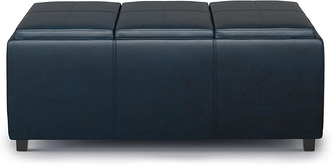 SIMPLIHOME Avalon Storage Ottoman - 42 inch Wide Upholstered Vegan Leather Rectangular Flip-Top Ottoman in Distressed Dark Blue, Contemporary Coffee Table Ottoman for Living Room with Hidden Storage