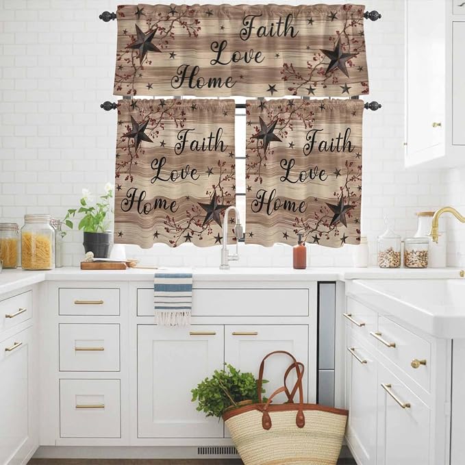 Kitchen Curtains Tiers and Valance Set of 3, Farmhouse Star Brown Light