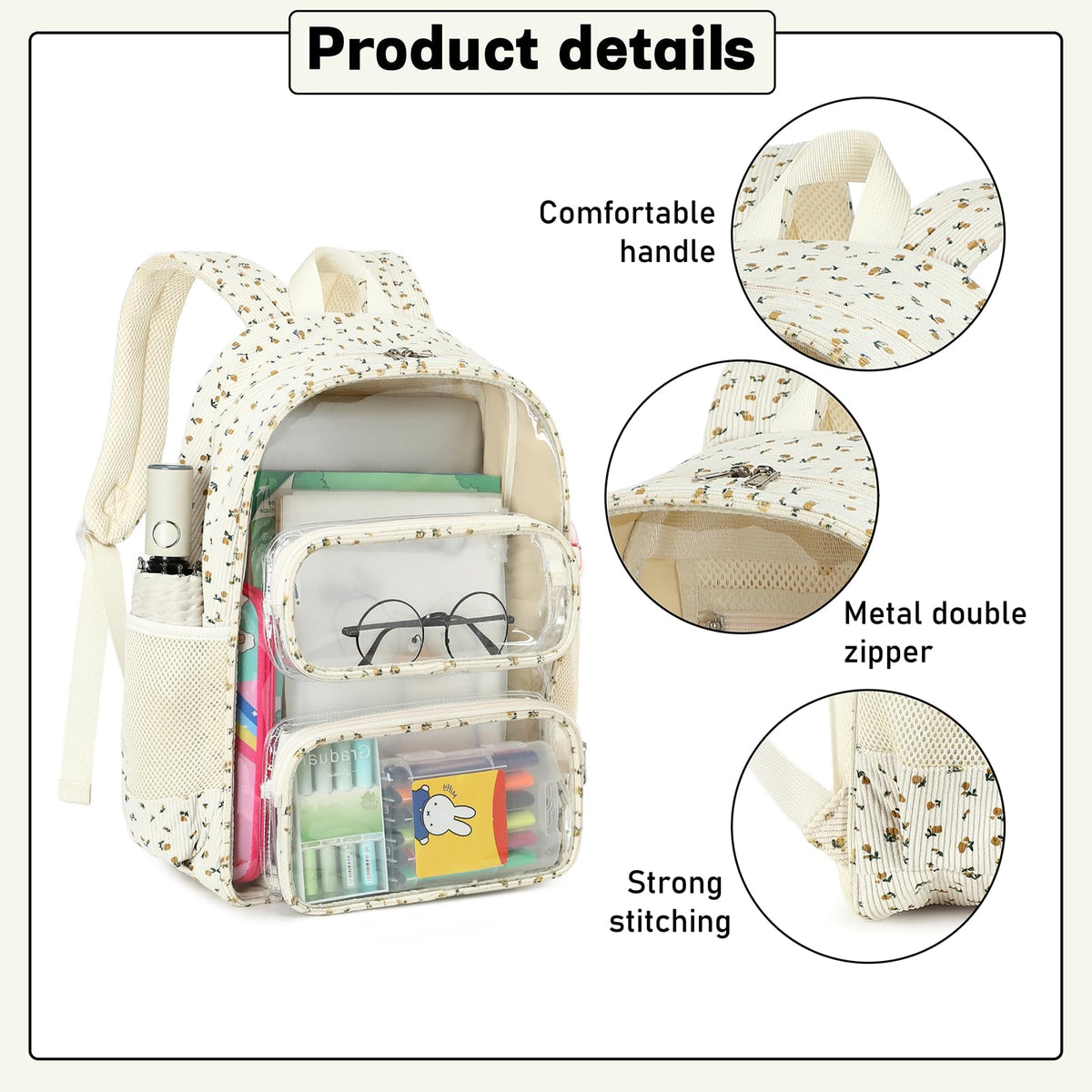 CAMTOP Clear Backpack Heavy Duty Transparent Bag See Through BookBag for Student School Work Festival Sport Travel (Beige Yellow Flowers)