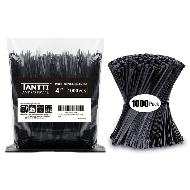 Zip Ties 4 inch, Small Zip Ties with 18 lb Tensile Strength, Black, 1000 Pack, by Tantti Supply