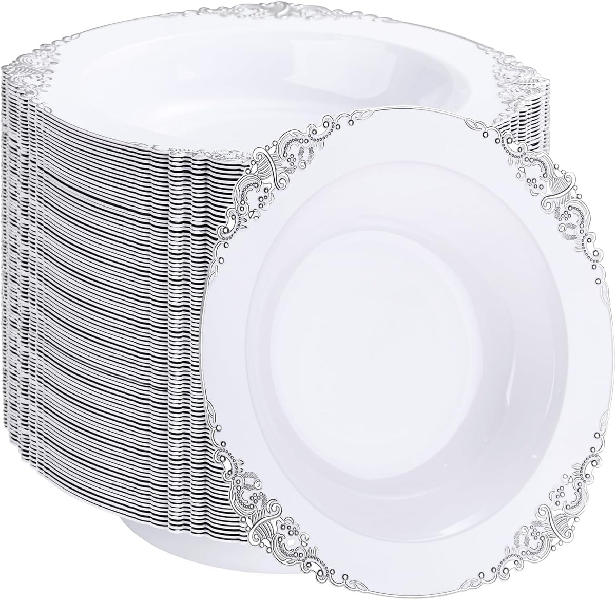 Joyido 100PCS Gold Plastic Bowls - 12 oz White Disposable Salad Bowls - Heavy Duty Soup Serving Bowl - Fancy Plastic Ice Cream Bowl for Parties, Dinners, Catering, Picnics
