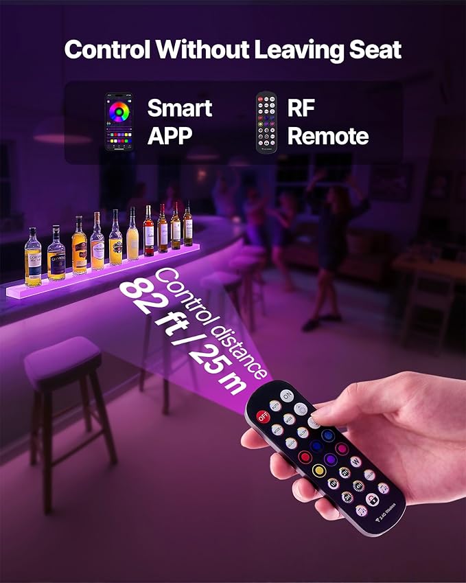 VEVOR LED Lighted Liquor Bottle Display, 1 Tier 60 Inches Whiskey Rack, Supports USB, Illuminated Home Bar Shelf with RF Remote & App Control, 7 Static Colors, Acrylic Lighted Shelf for 15 Bottles