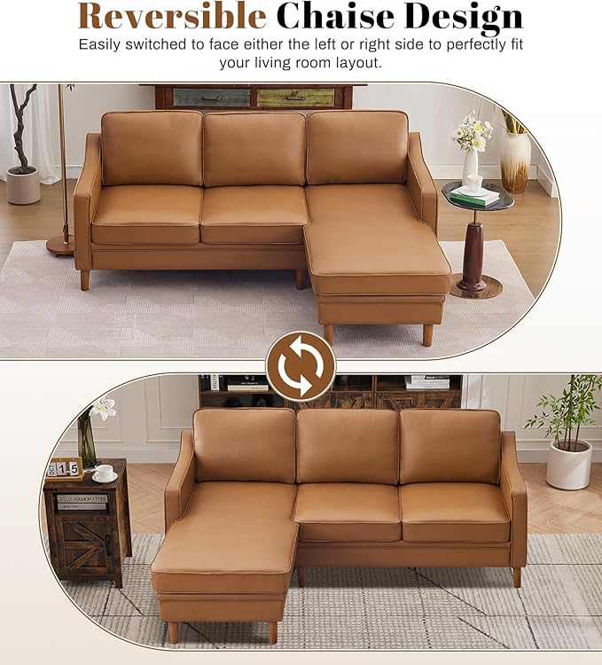 Kingfun 88" L-Shape Sofa, Faxu Leather Sectional Couch, Mid Century Modern Couches with Solid Wood Frame for Living Room & Bedroom, Brown