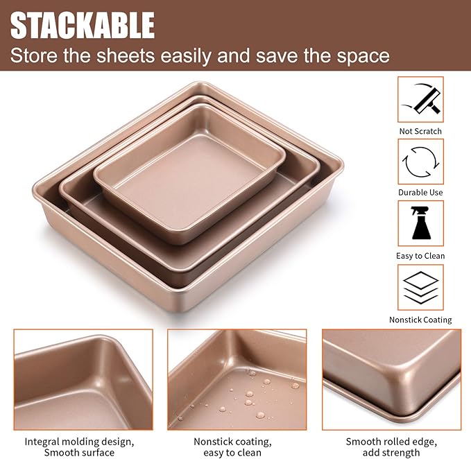 JOHO BAKING Deep Baking Pans Set Nonstick,Rectangle Cake Pan,Stackable Bakeware Set of 3,Oven Trays for Baking,Gold(9''/11''/13'')
