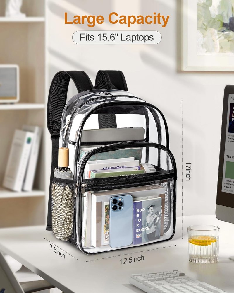 KIMNERPU Clear Backpack, Heavy Duty Transparent Bookbag for School with Reinforced Strap for Women, Men, Capacity Bag for College Clear