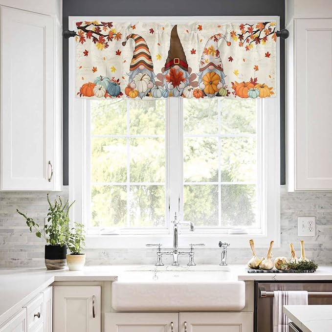 Fall Kitchen Curtain Set, Thanksgiving Gnomes Maple Leaf Pumpkin Beige Window