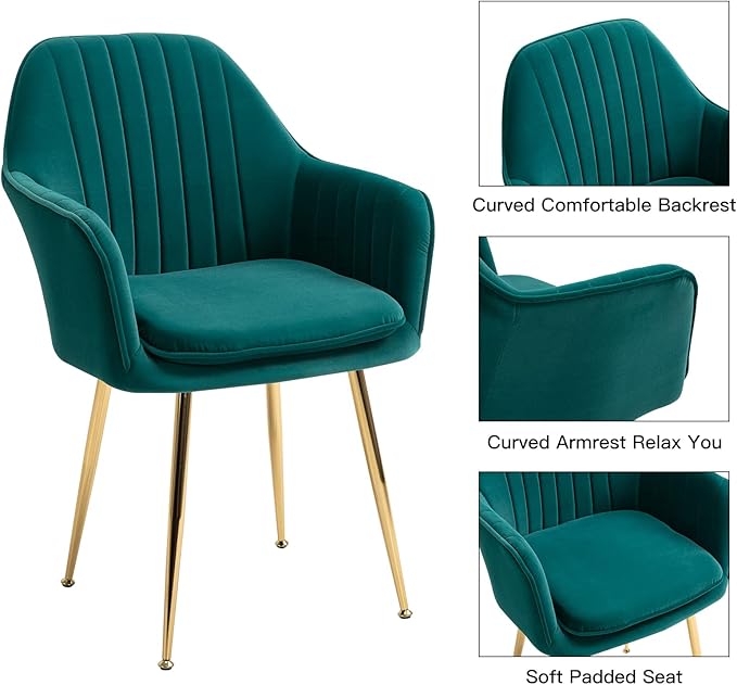 ECOTOUGE Modern Dining Chairs Set of 4, Upholstered Dining Room Chairs with Golden Metal Legs, Matte Velvet Kitchen Chairs for Dining Table, Accent Chairs for Living Room, Emerald Green