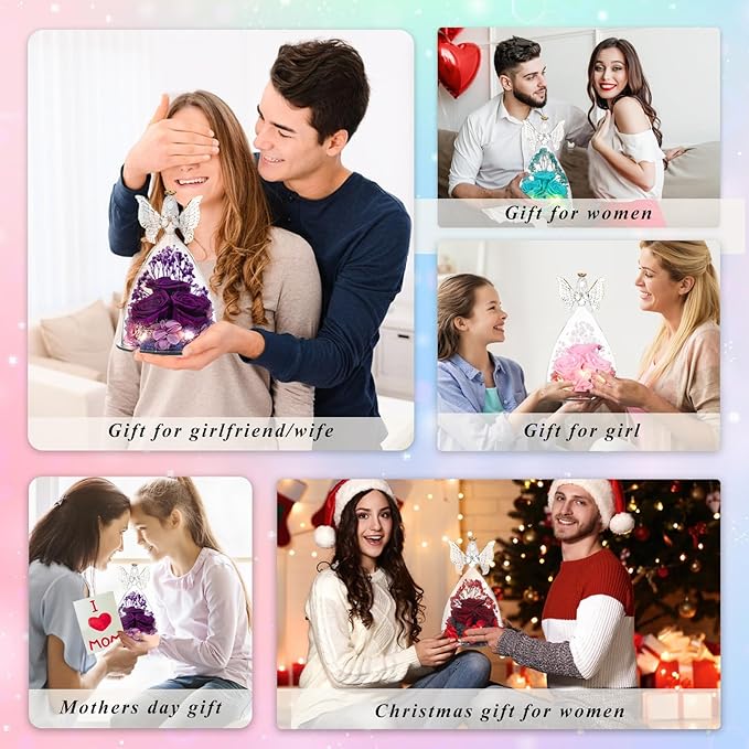Ocosy Mothers Day Rose Gifts for her, Large Angel Rose Gifts for Women, Forever Real Roses in Angel Figurines, Angel Guardian with Roses Flower, Purple