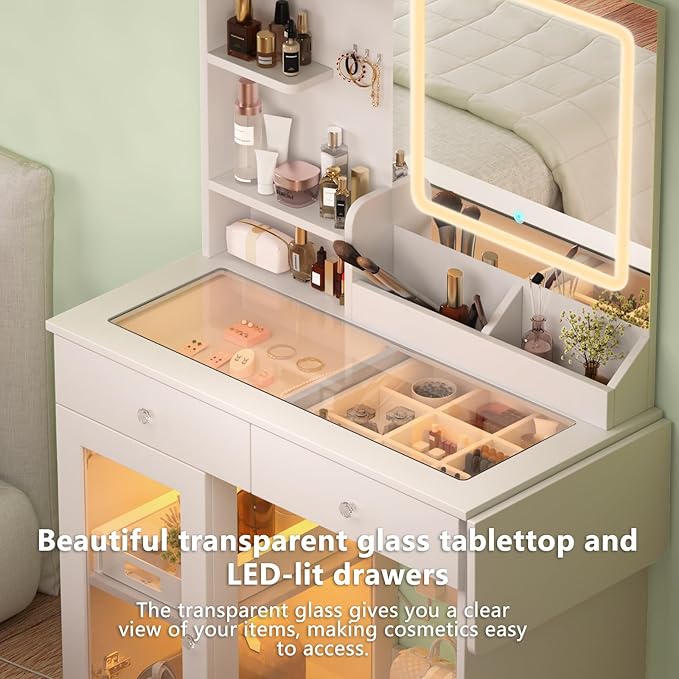 Vanity Desk with Mirror and Lights, Glass Top & Power Outlet | Makeup Vanity Set with Chair | Small Dressing Table with 2 Drawers and Cabinet Storage for Bedroom(White)