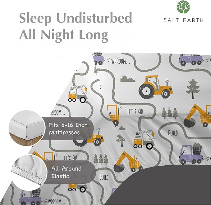 Salt Earth 100% Cotton 210TC Kids Bedsheet, Twin Fitted Sheet, Toddler Bed, 2 Piece Bedding Set- 1 Fitted Sheet and 1 Pillowcase, Themed Toddler Bed Sheets, Cute Sheets for Kids Bed (Tractor)