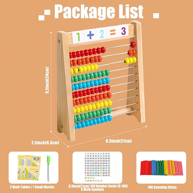 Wooden Abacus for Kids Math - 10-Row Counting Toy with 100 Beads, Number Cards & Counting Sticks, Educational Counters for Kids Math Gift for Age 3 4 5 6 7 Year Old Boy Girl