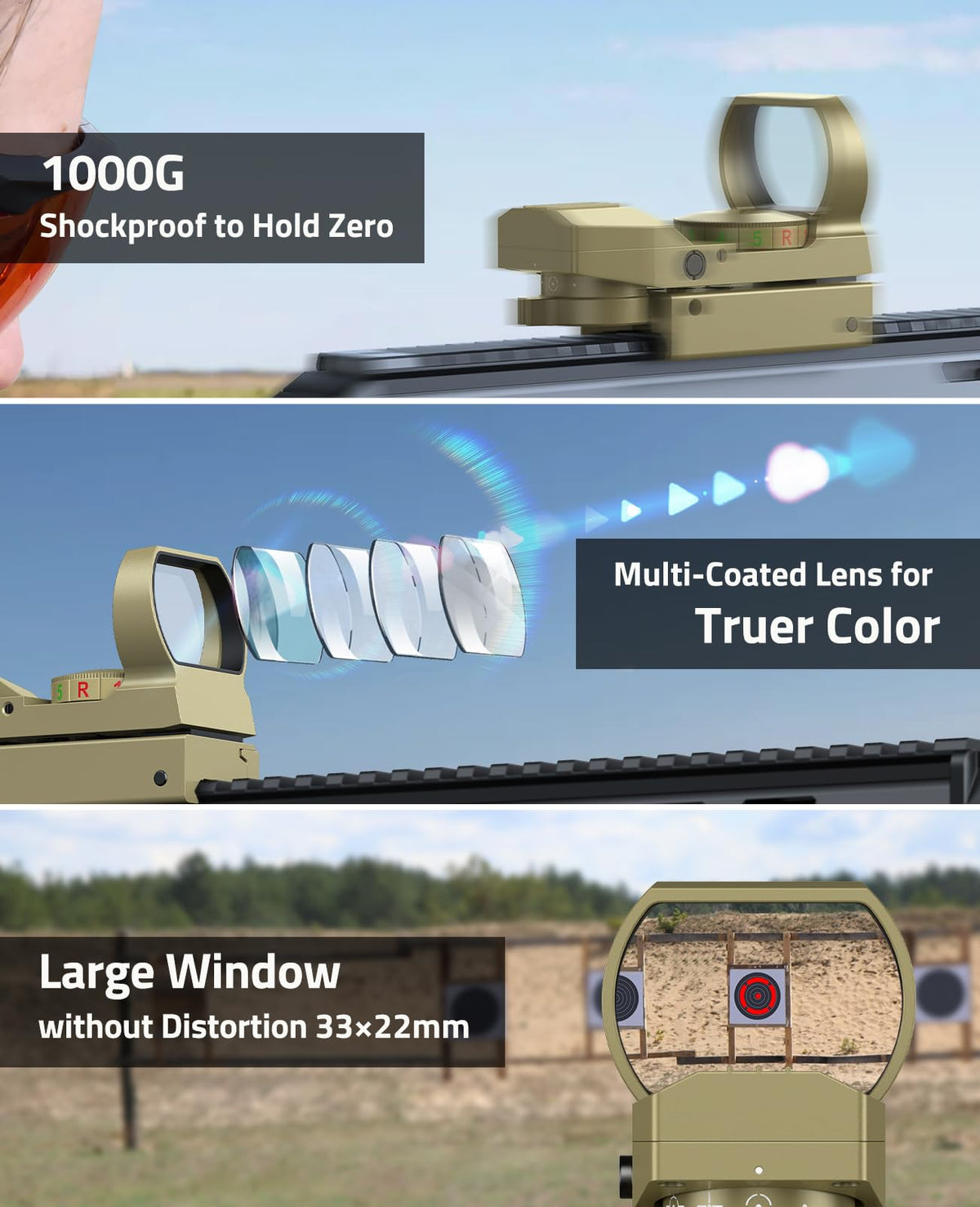 CVLIFE 1X22X33 Red Green Dot Sight, Reflex Sight for 20mm Picatinny Rail, Sand