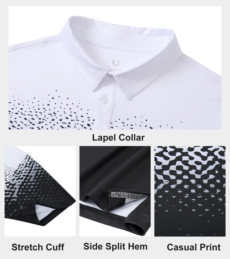 uideazone Mens Golf Shirts Short Sleeve 3D Print Athletic Polo Shirts White Black Dry Fit Performance Moisture Wicking Collar Tops