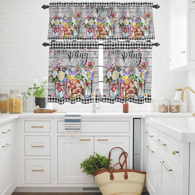 Kitchen Curtains Tiers and Valance Set of 3, Spring Flowers Light Filtering