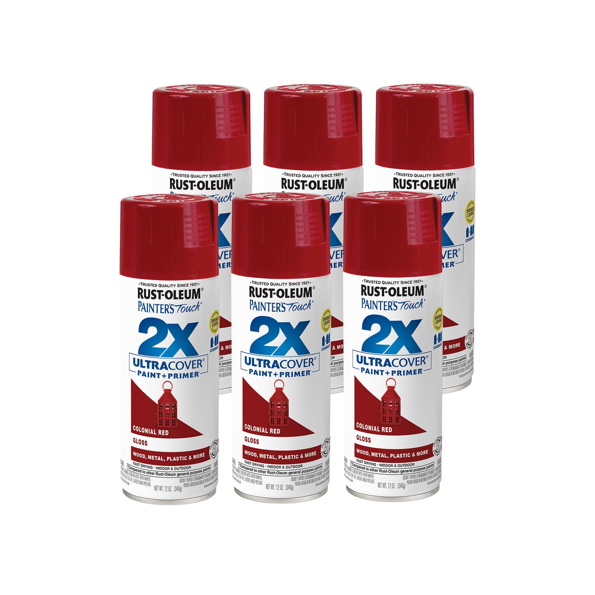 Rust-Oleum 334030-6PK Painter's Touch 2X Ultra Cover Spray Paint, 12 oz, Gloss Colonial Red, 6 Pack