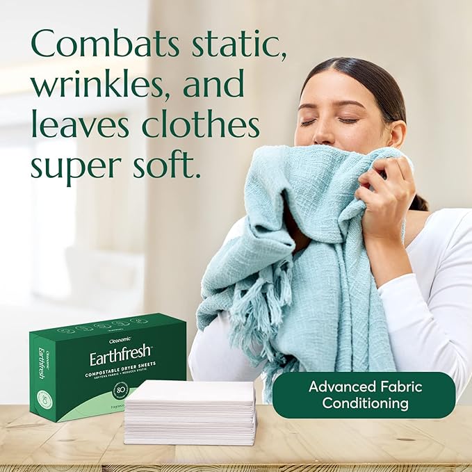 Cleanomic Earthfresh Fabric Softener Sheets Dryer Sheets, Softens & Removes Static Cling, Vegan Laundry Softener With Essential Oils -Fragrance Free
