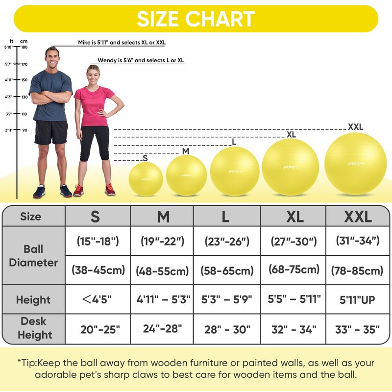 APEXUP Yoga Ball, 660 lbs Anti-Burst Exercise Ball with Pump, 5 Sizes (XL (27"~30") 75cm, Yellow)