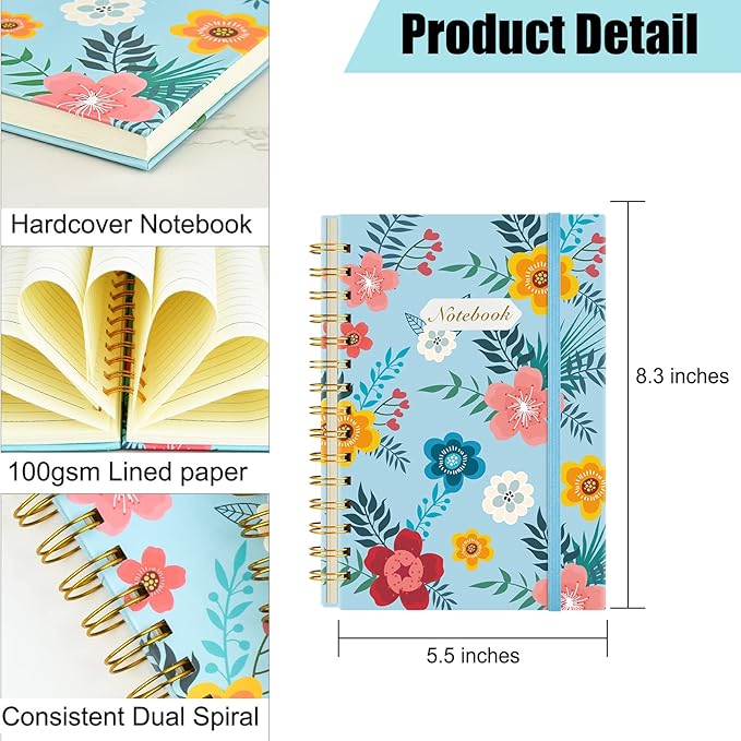 Coopay 4 Pack A5 Spiral Notebook Journal for Women, College Ruled Composition Notebooks Hardcover Spiral Journal, Cute Blooming Floral, Office School Business Supplies, 8.3" x 5.5", 160 Page
