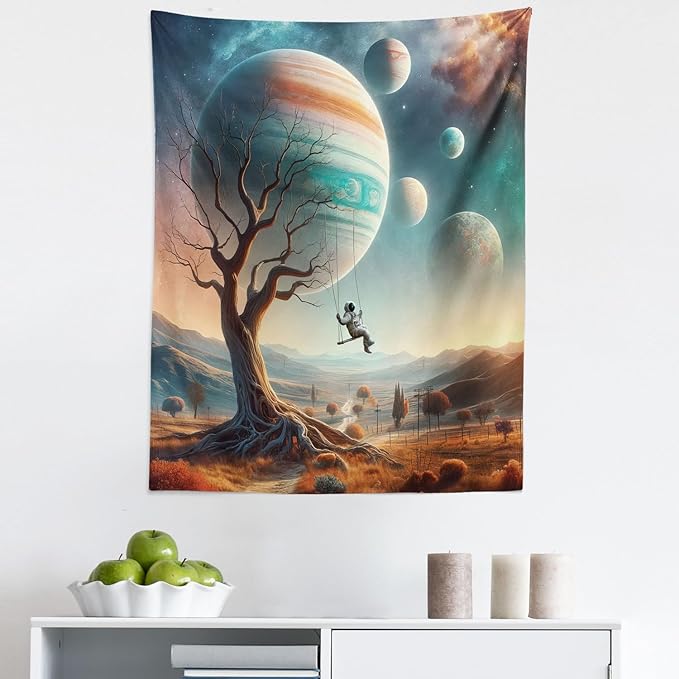 Ambesonne Space Tapestry, Scene of a Lonely Astronaut on a Swing in an Unknown Galaxy Among Planets and Trees, Fabric Wall Hanging Decor for Bedroom Living Room Dorm, 23" X 28", Teal Ginger