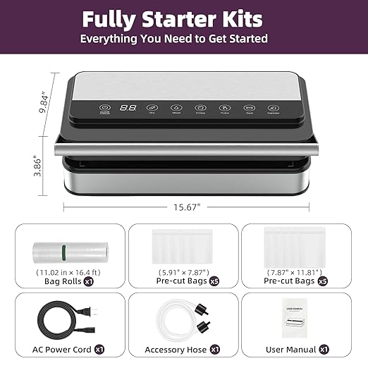 Paporia 10-In-1 Vacuum Food Sealer Machine, 85Kpa 200W Automatic Food Sealer, Low Noise Food Vacuum Saver with Sealer Bags, Roll, Build-in Cutter, Handheld and Compact Design with Digital Timer