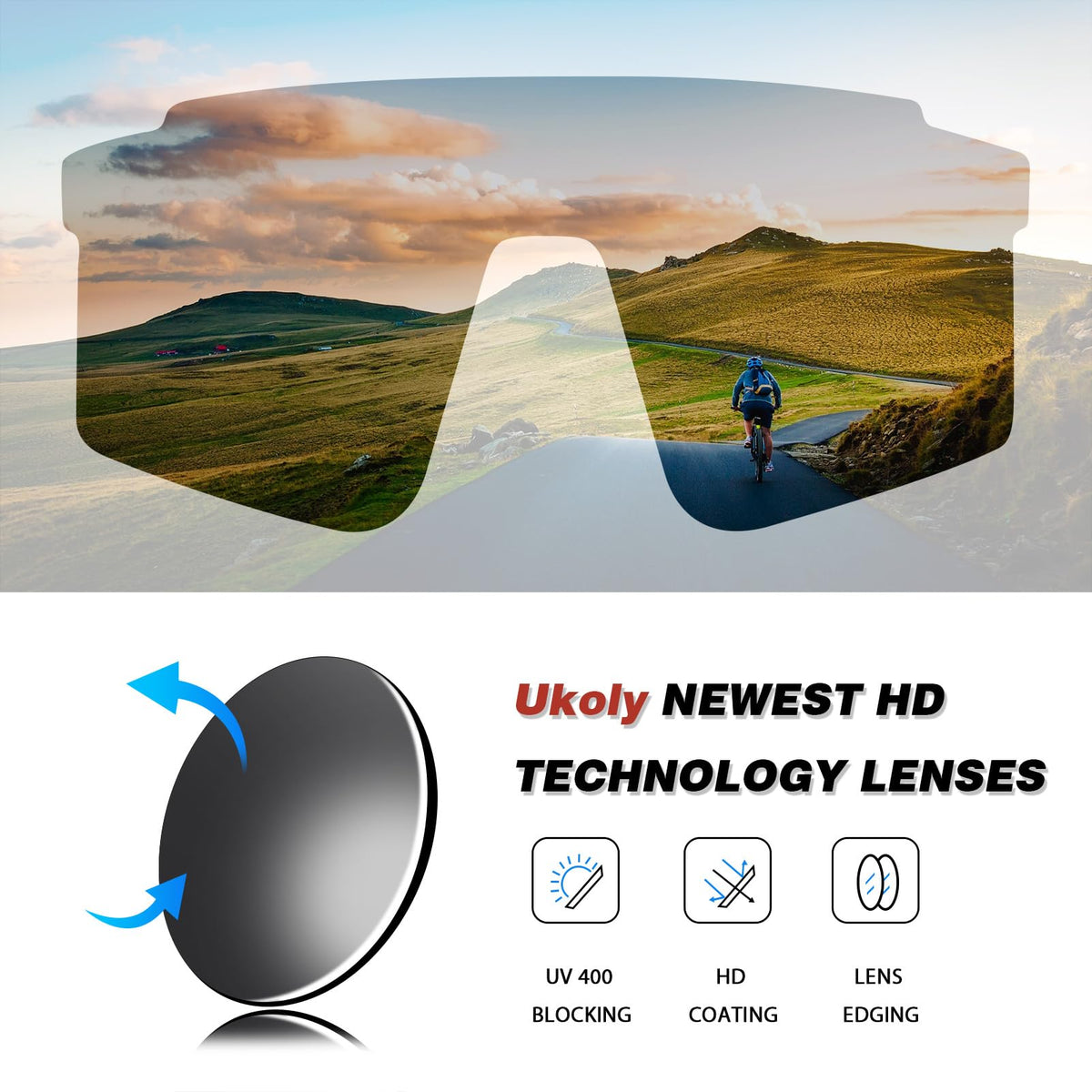 Ukoly Cycling Sunglasses for Men Women with 3 Interchangeable Lenses, Polarized Sports Sunglasses, Baseball glasses (GREY-1 Lens)