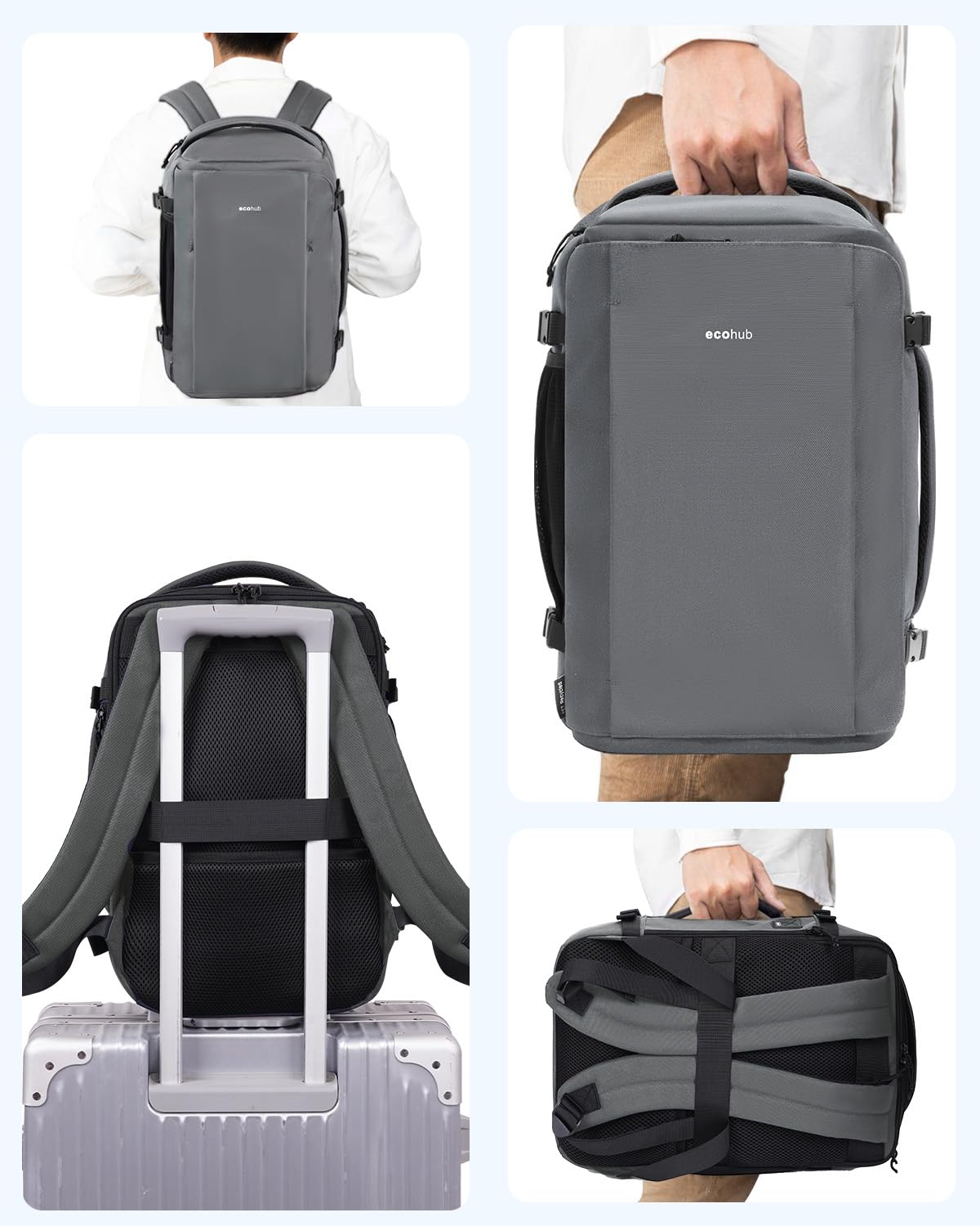 ECOHUB 40L Carry-On Travel Backpack, TSA-Friendly, Anti-Theft Water-Resistant Lightweight with 17.3″ Laptop Compartment, Durable PFAS-Free Rucksack, Grey