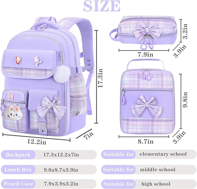 Girls Backpack,Kids School Backpack With Lunch Box Pencil Case Set,Cute Childrens Schoolbag For Girls