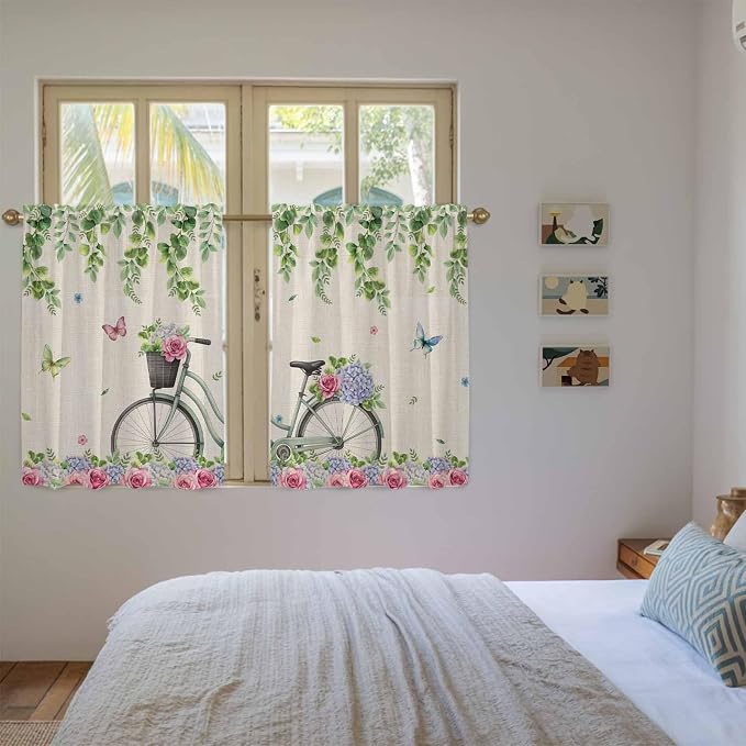 Farmhouse Spring Kitchen Curtains, Retro Bicycles Flowers Vines Butterfly Light