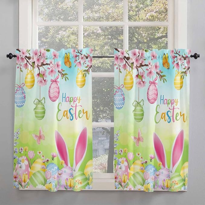 Easter Kitchen Curtains 54 Inches length, Spring Bunny Colorful Rabbit Eggs