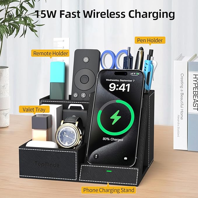 TopMade Wireless Charger with Desk Nightstand Organizer, PU Leather Pen Pencil Holder Fast Charging Station, Office Supplies for Iphone Charging Stand, Anniversary Birthday Gifts for Men(Black)