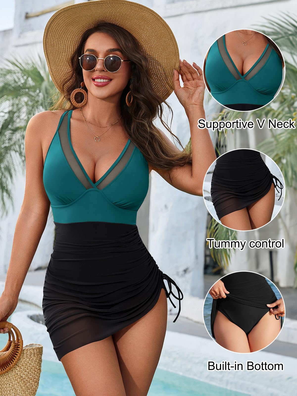 Blooming Jelly Women One Piece Swim Dress Tummy Control Swimsuits Slimming Modest Mesh Sheer Bathing Suit V Neck Swimdress Swim Suits 2025 (M, Blue Green/Black)