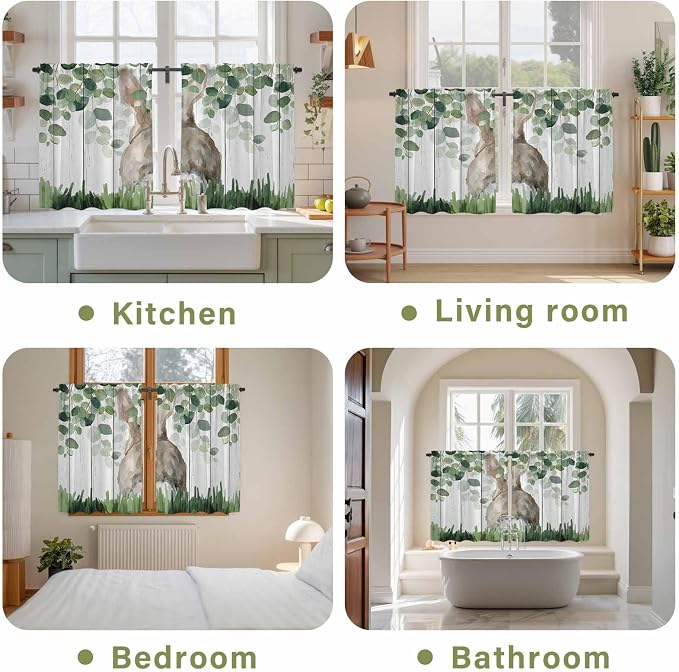Easter Kitchen Curtains, Country Rabbit Botanical Leaves Wooden Grain Light