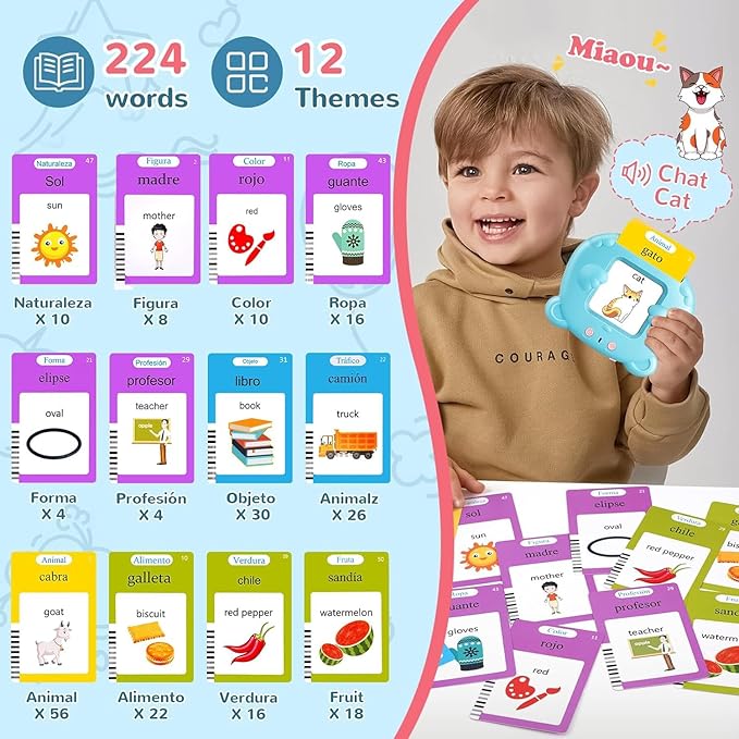 Spanish & English Talking Flash Cards for Toddler, Bilingual Flash Cards Learning Montessori Toys with 224 Sight Words, Speech Therapy Toys for Children Sensory Preschool Education