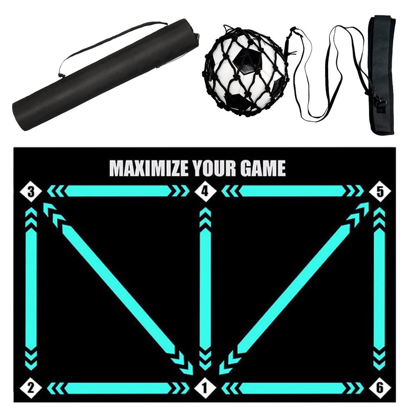 ECENUR Football Footstep Training Mat, Soccer Training Mat 35 * 24IN, Soccer Skills Training Equipment with Storage Bag and Soccer Return Trainer Net (Black-Blue)