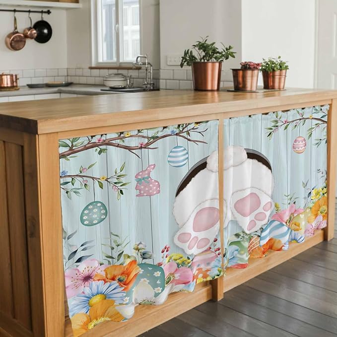 Easter Bunny Kitchen Tier Curtains 36 Inch Long 2 Panel Set, Rod Pocket Half